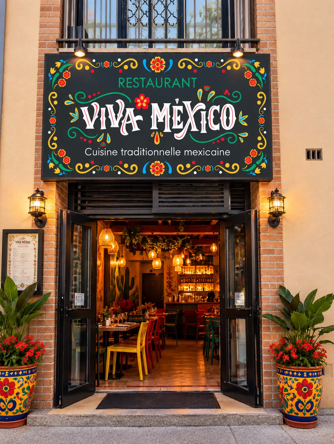 Entrée du restaurant Viva Mexico avec son enseigne noire ornée de motifs floraux