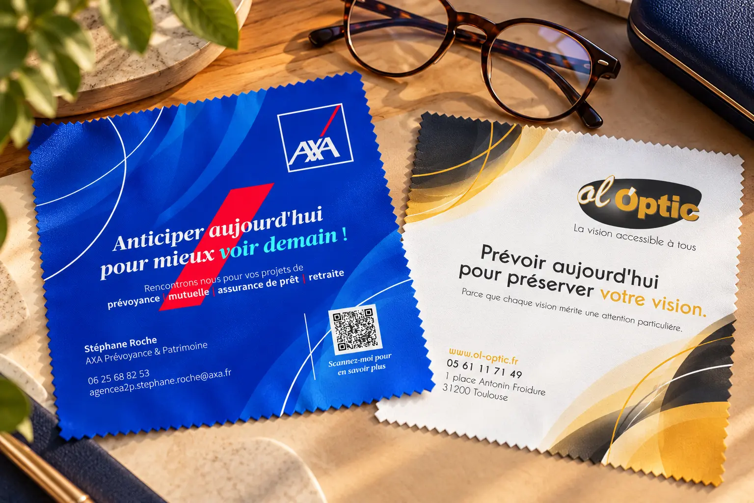 AXA & OL Optic — Communication · Création graphique sur lingettes pour lunettes · Toulouse, France