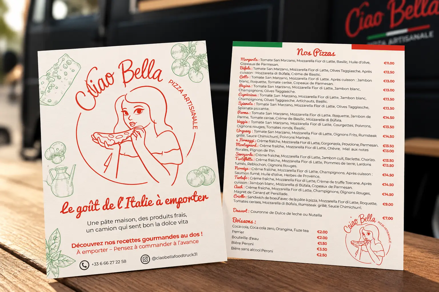 Ciao Bella — Identité visuelle · Flyer et carte de pizzas · Toulouse, France
