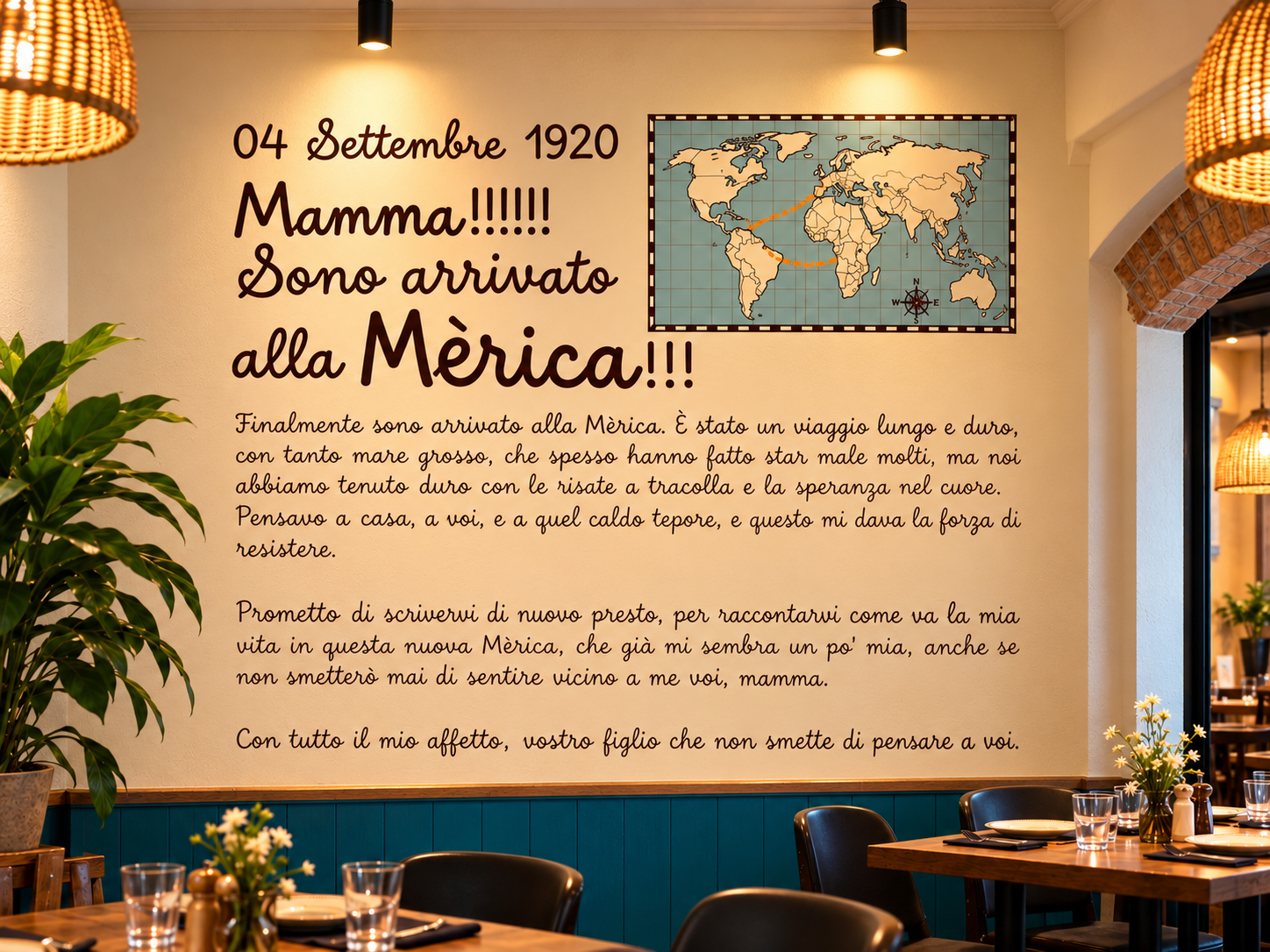 Fresque murale « Mamma! Sono arrivato alla Mèrica » dans la salle du restaurant, avec une carte du monde