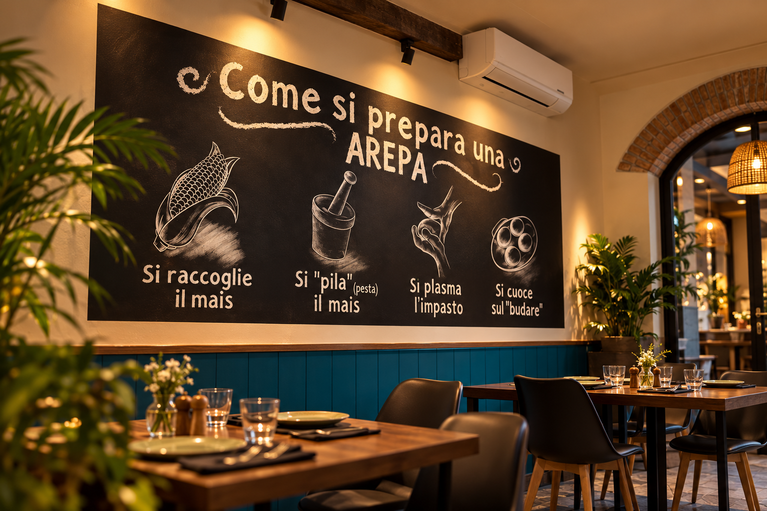 Fresque murale « Come si prepara una arepa » expliquant les étapes de préparation de l'arepa
