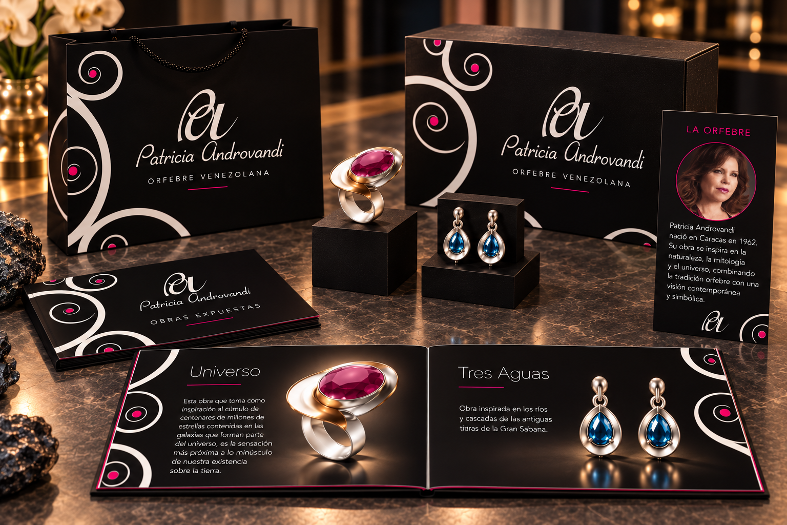 Patricia Androvandi — Identité visuelle · Packaging et catalogue de bijoux · Costa Rica
