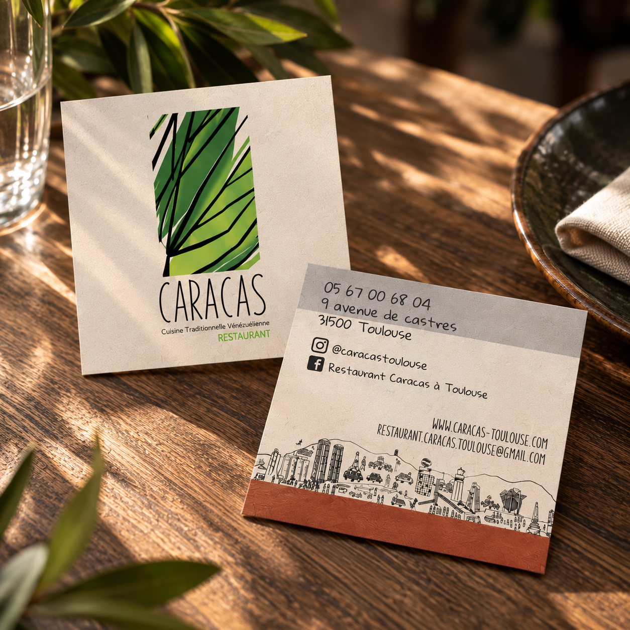 Carte de visite du restaurant Caracas Toulouse, recto et verso