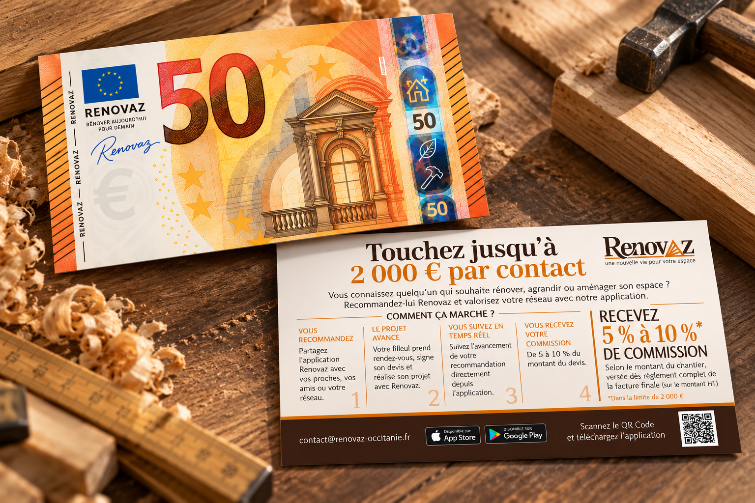 Flyer de parrainage Renovaz en forme de billet de 50 €, recto et verso