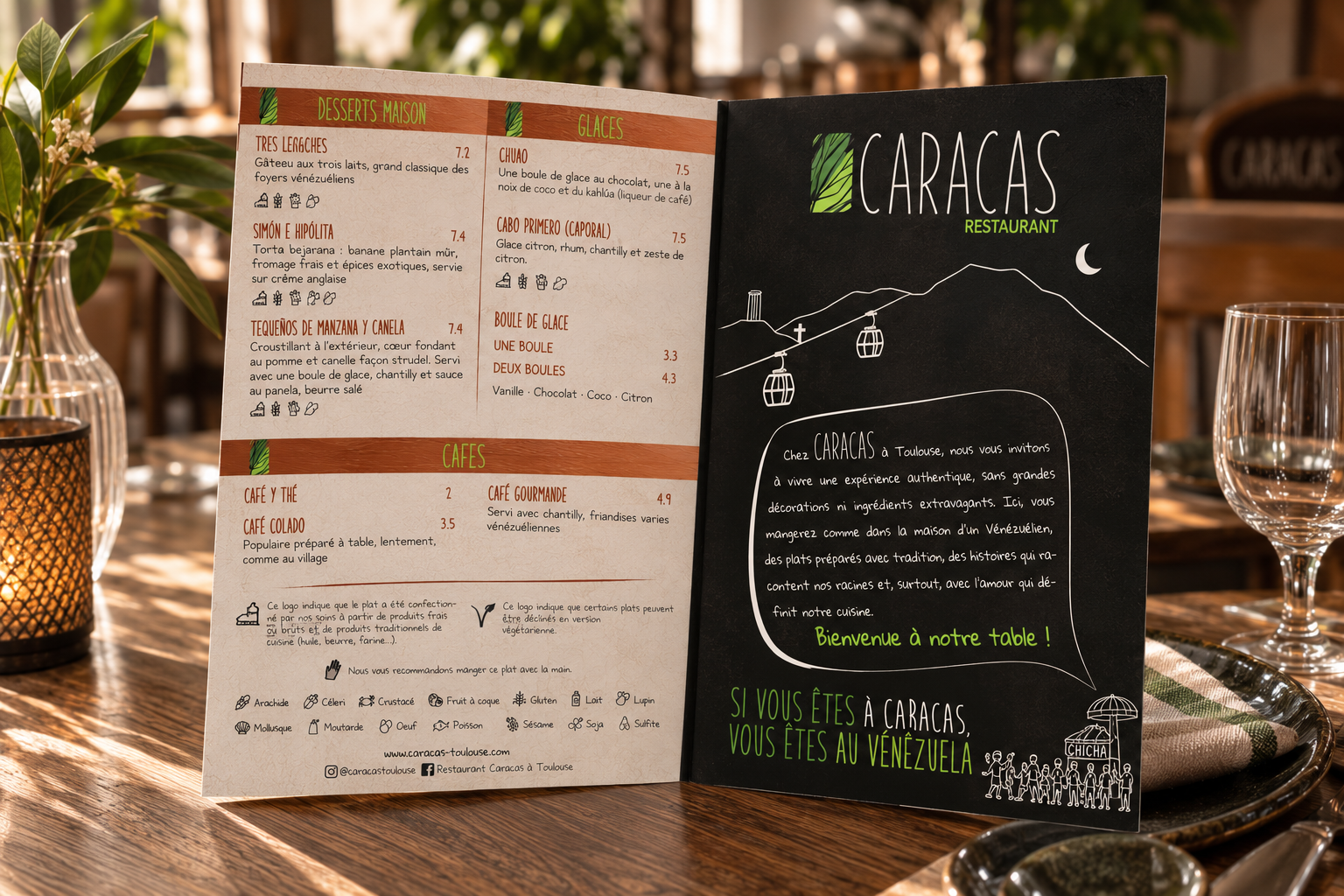Menu du restaurant Caracas Toulouse, pages desserts et présentation