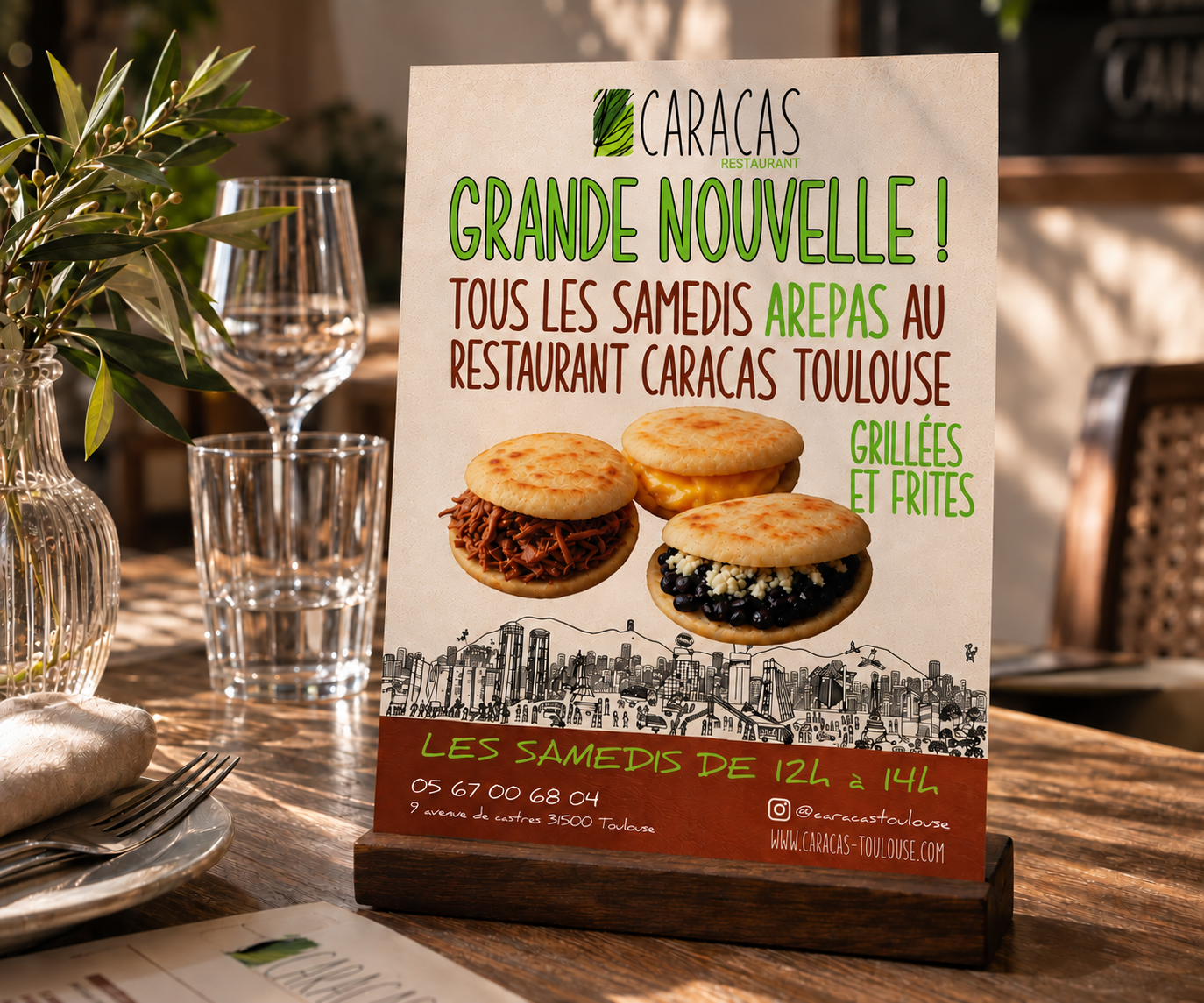 Affiche du restaurant Caracas Toulouse annonçant les arepas du samedi